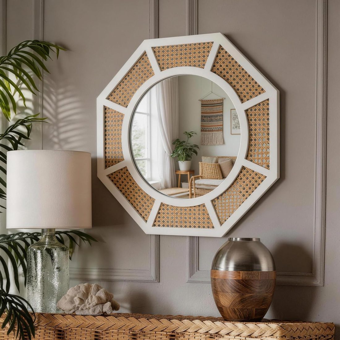 Octagon rattan wall mirror with a woven cane lattice frame