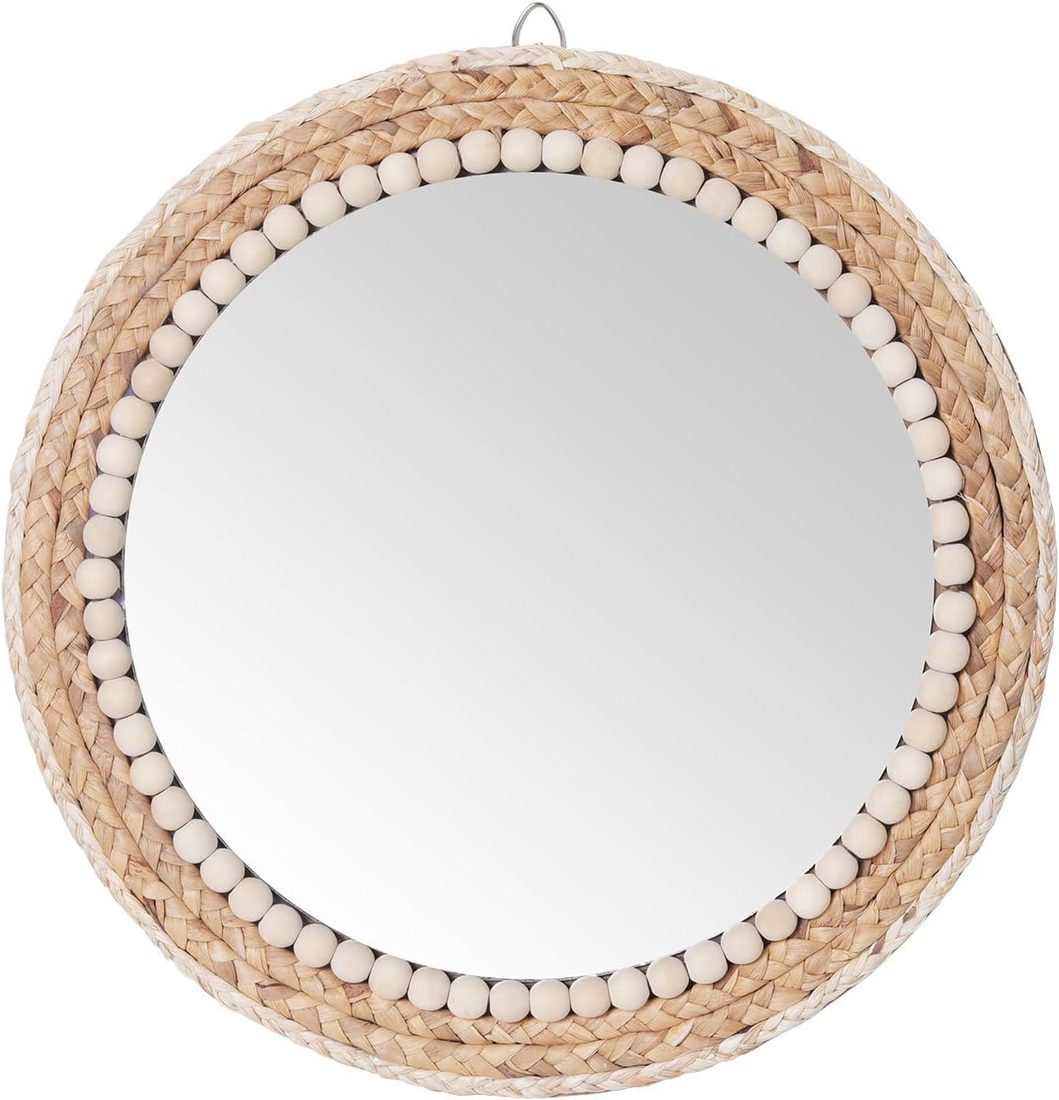 Round rattan wall mirror with a handwoven wood bead frame